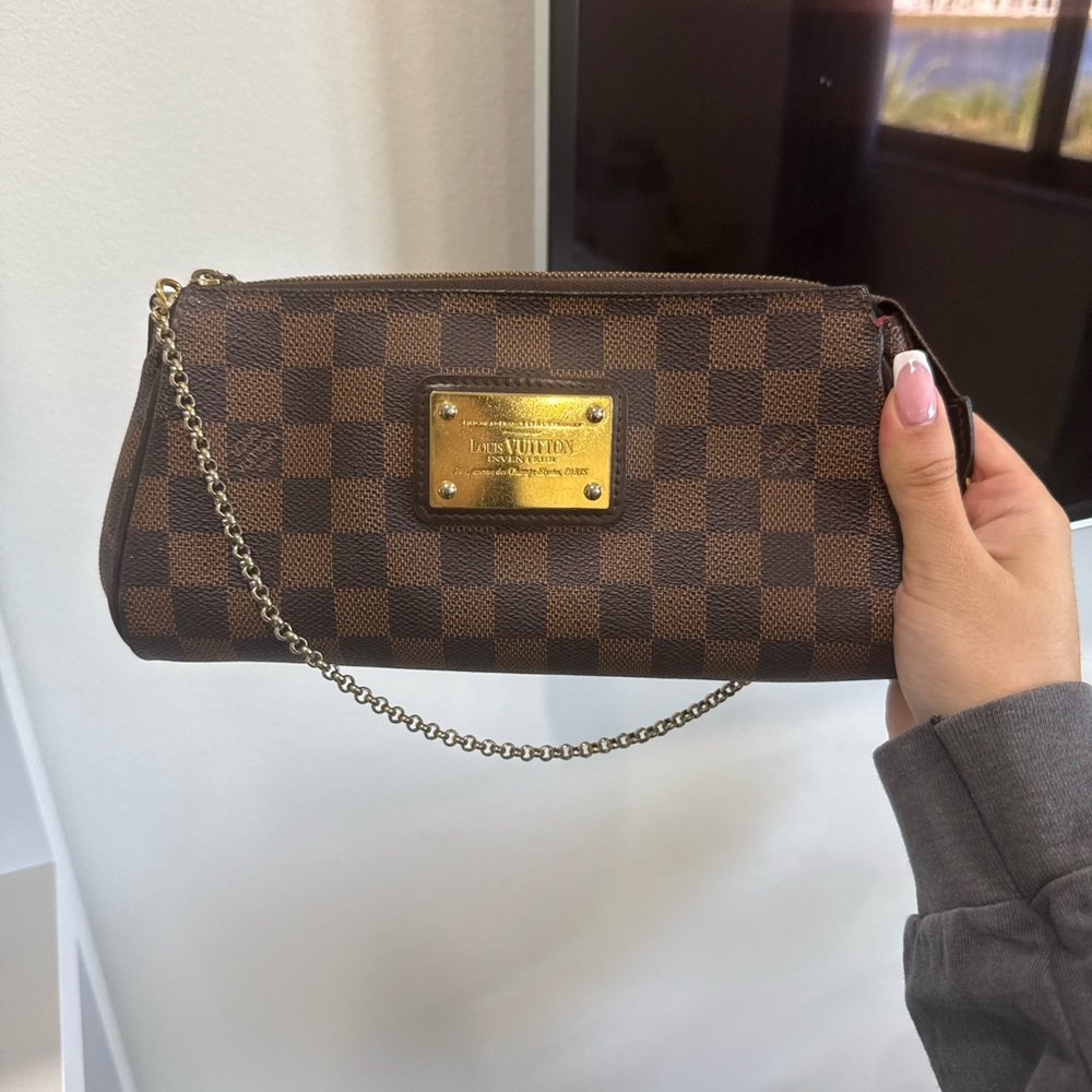 Louis Vuitton Brown Checkered Clutch with Gold Accents